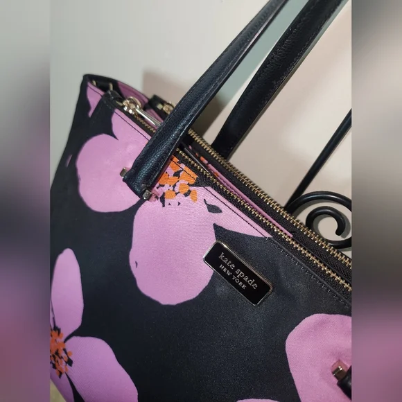 Kate Spade Floral Black Purple Tropical Shoulder Purse Hawaiian Print - Picture 4 of 11